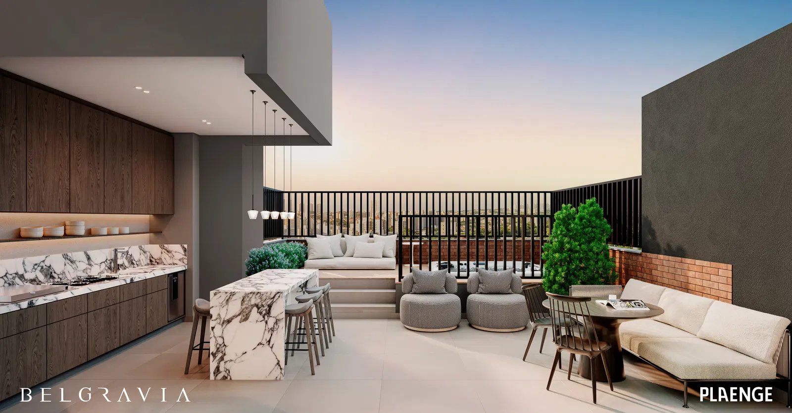 Terraço da cobertura do Belgravia Plaenge com vista para Nova Campinas