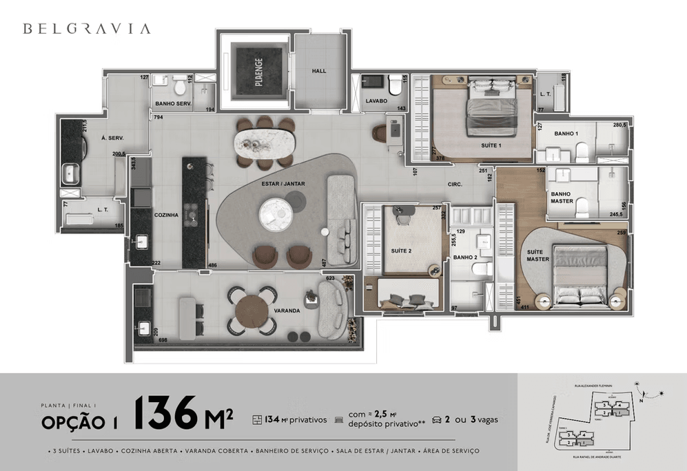 Planta do apartamento de 136m² do Belgravia Plaenge