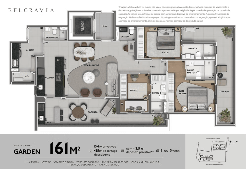 Planta do apartamento de 161m² do Belgravia Plaenge